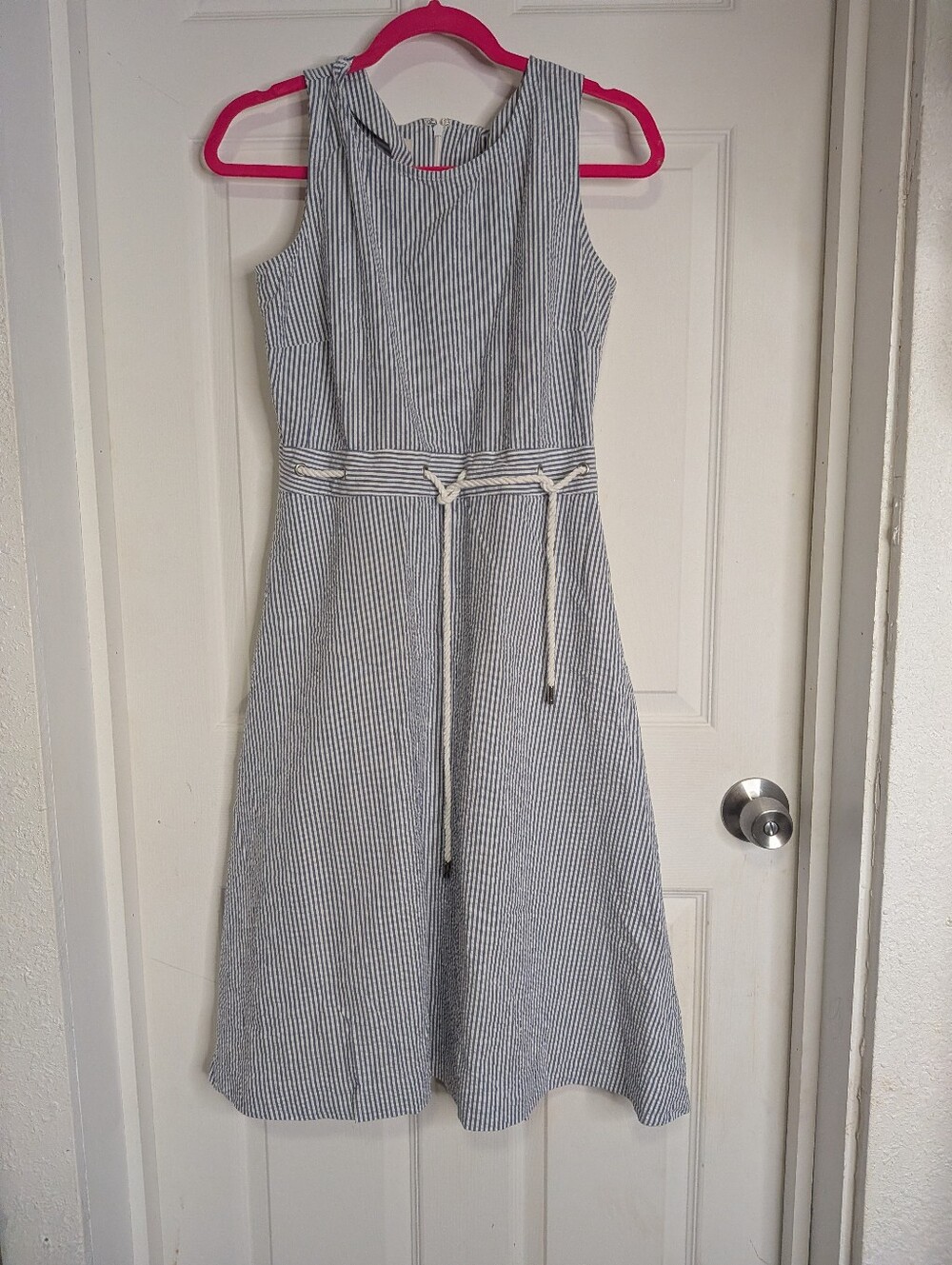 Talbots blue and white striped seersucker fit & flare midi dress Size 6